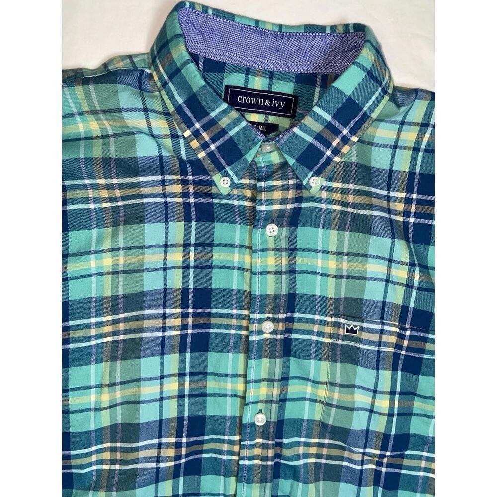 Crown & Ivy Big&Tall Lt Green Classic Fit Long Plaid Sleeve Button Up Shirt Hot